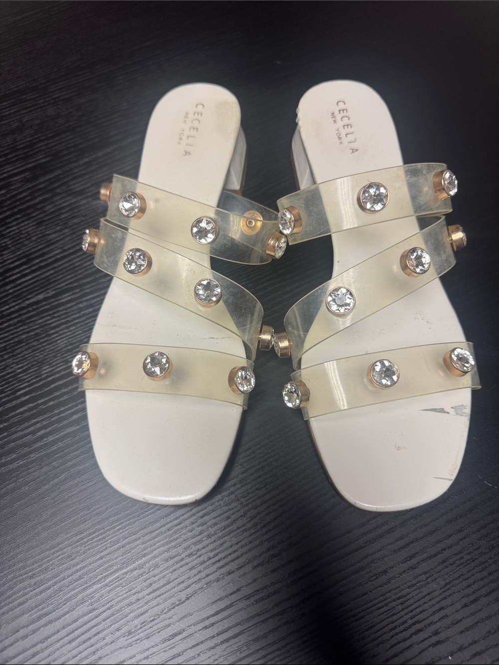 CECELIA NEW YORK White Clear Jeweled Slide Mules